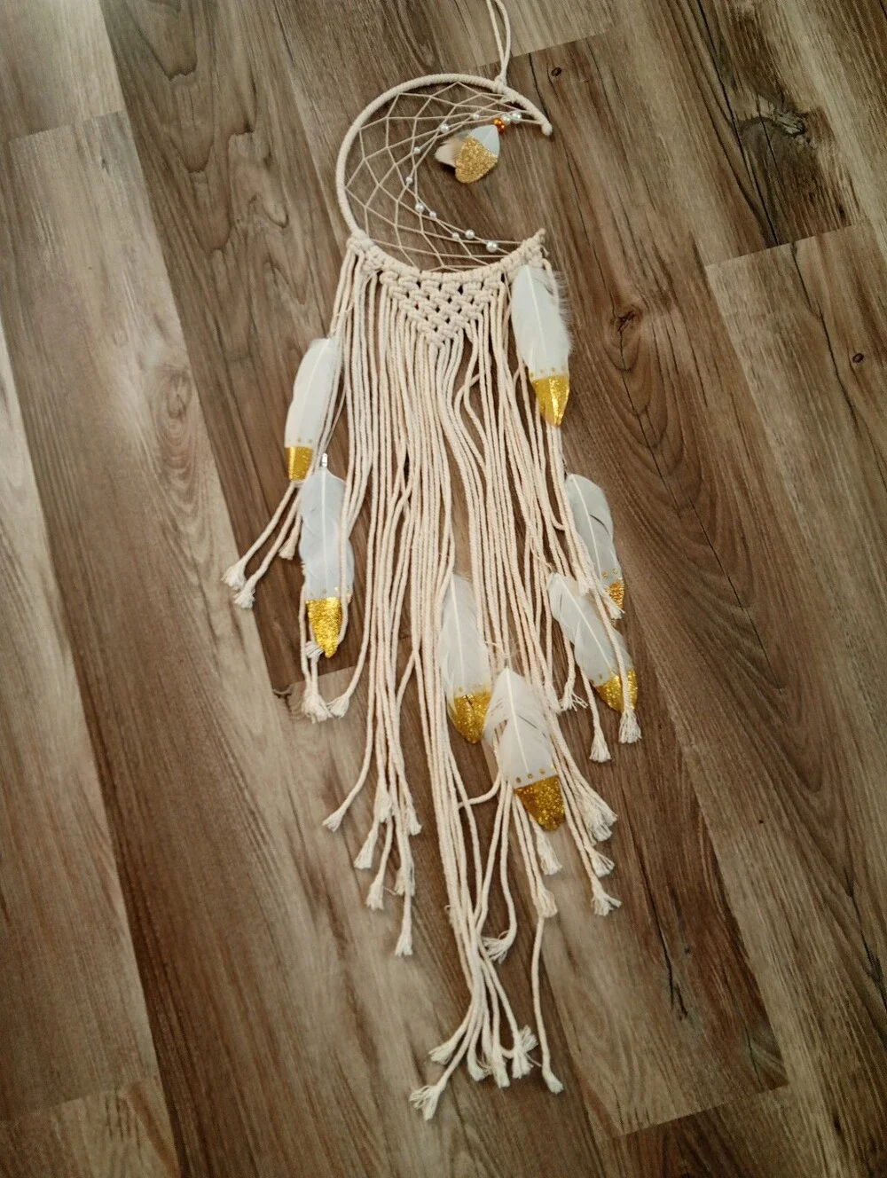 Macrame Boho Crescent Dreamcatcher with Gold-Tipped Feathers